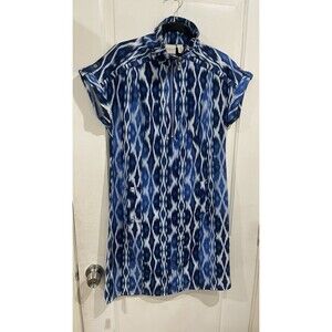 Chicos Navy Blue Patterned Jersey Knit Short Sleeve Dress Womens Size Medium